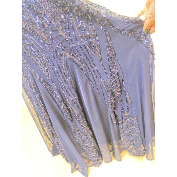 R&M Richards Navy Blue Sequin Satin Waist Belted Party Cocktail Maxi Dress 8us - Picture 9 of 14